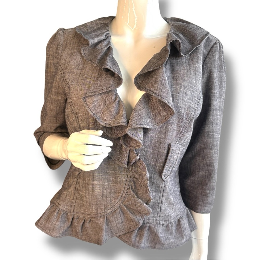 First Option Gray Fitted Blazer with Ruffled Front and Peplum Waist. Women Sz M